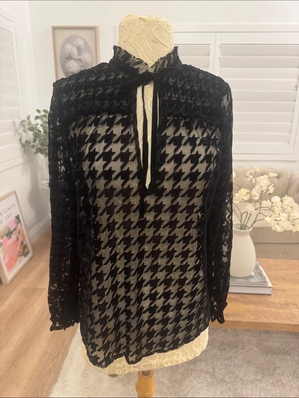 Zara Black Sheer Houndstooth Lace-Trim Blouse